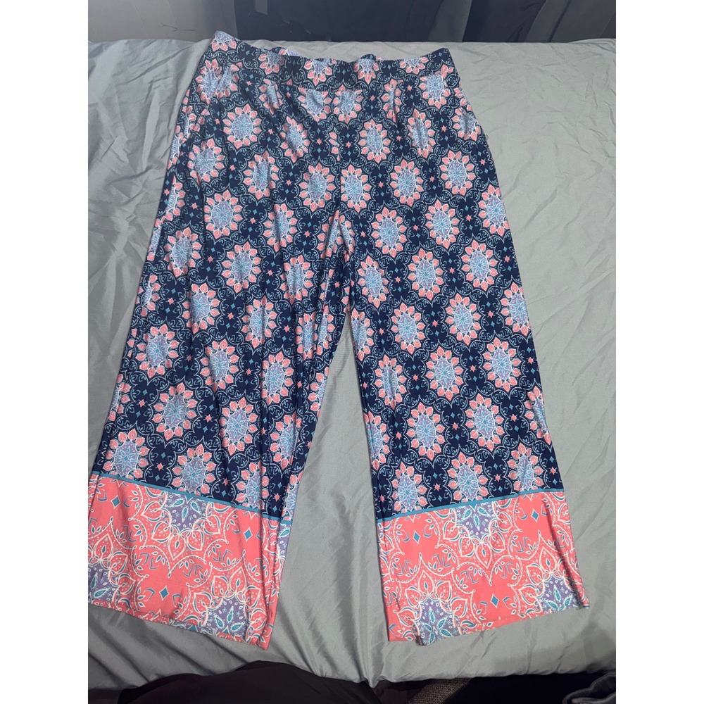 Studio JPR Womens XL‎ Wide Leg Pants Navy Blue Coral Pink Medallion Print Boho